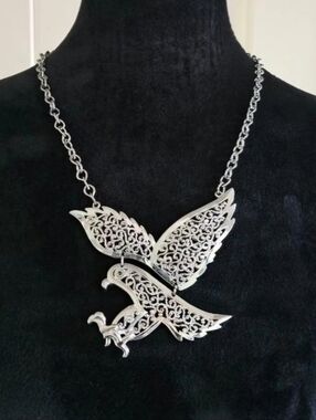 Vintage Silvertone Signed Gold Crown Eagle Necklace Adjustable